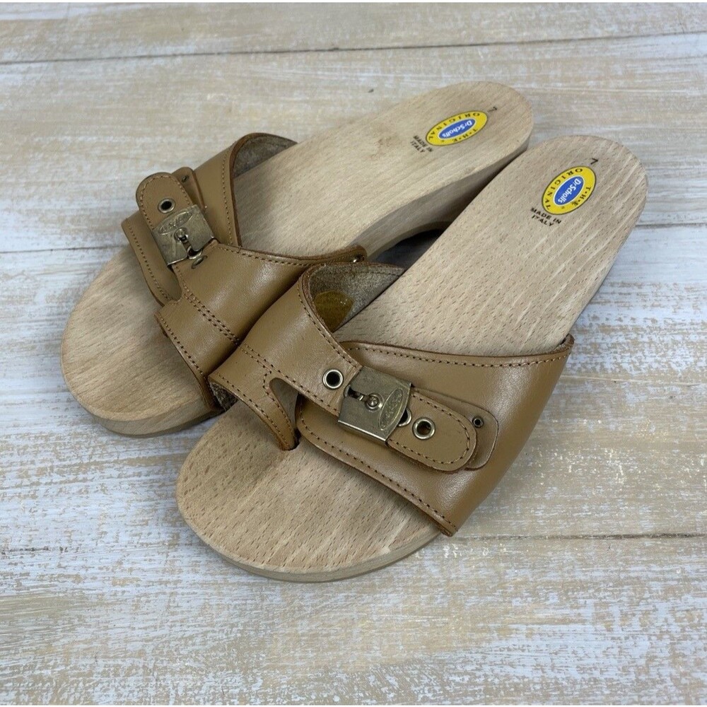 NEW Dr Scholls Women Size 7 Wood Clogs Sandal Tan Leather Slide Shoe Toe Hole